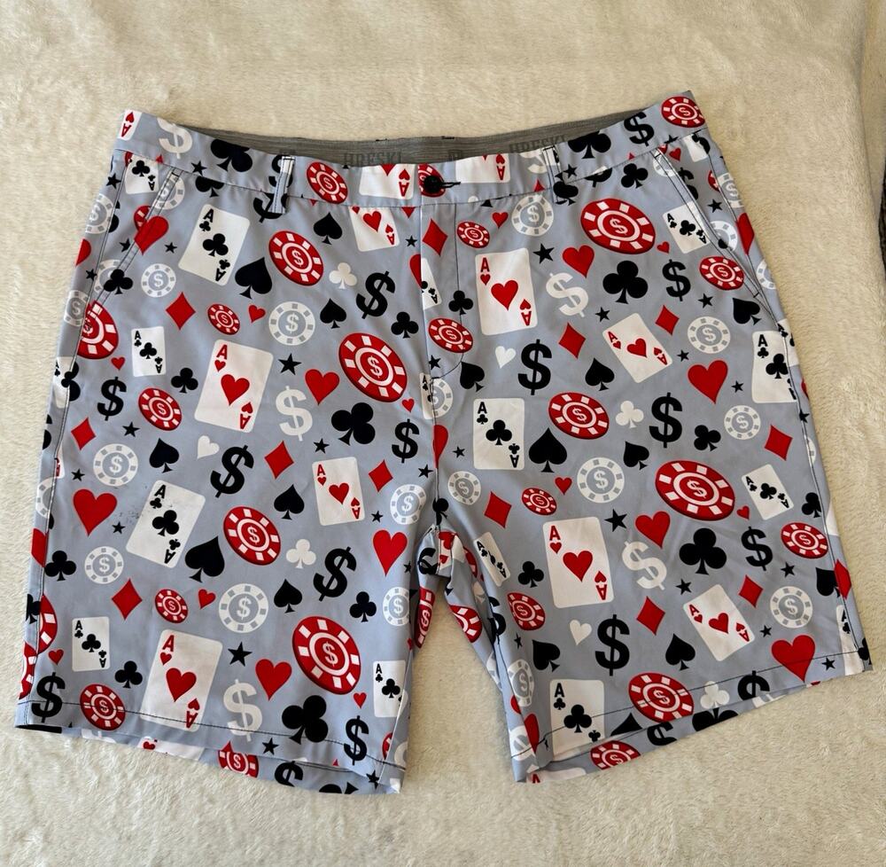 Hreski Men's Casino Print Chino Shorts Gray Microfiber Poly/Spandex 10" Pockets
